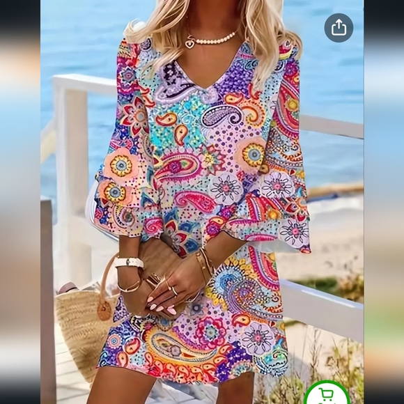 NWOT Bohemian Paisley Print Dress - Flowy Layered Skirt - Bell Sleeves - Picture 1 of 6
